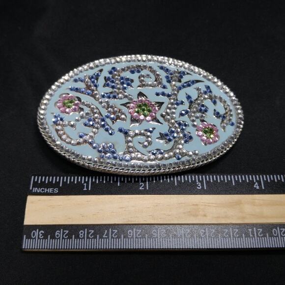 Vintage Belt Buckle. Blue Oval Flat Crystal Rhinestones, 2 3/4 Inches - Picture 6 of 9